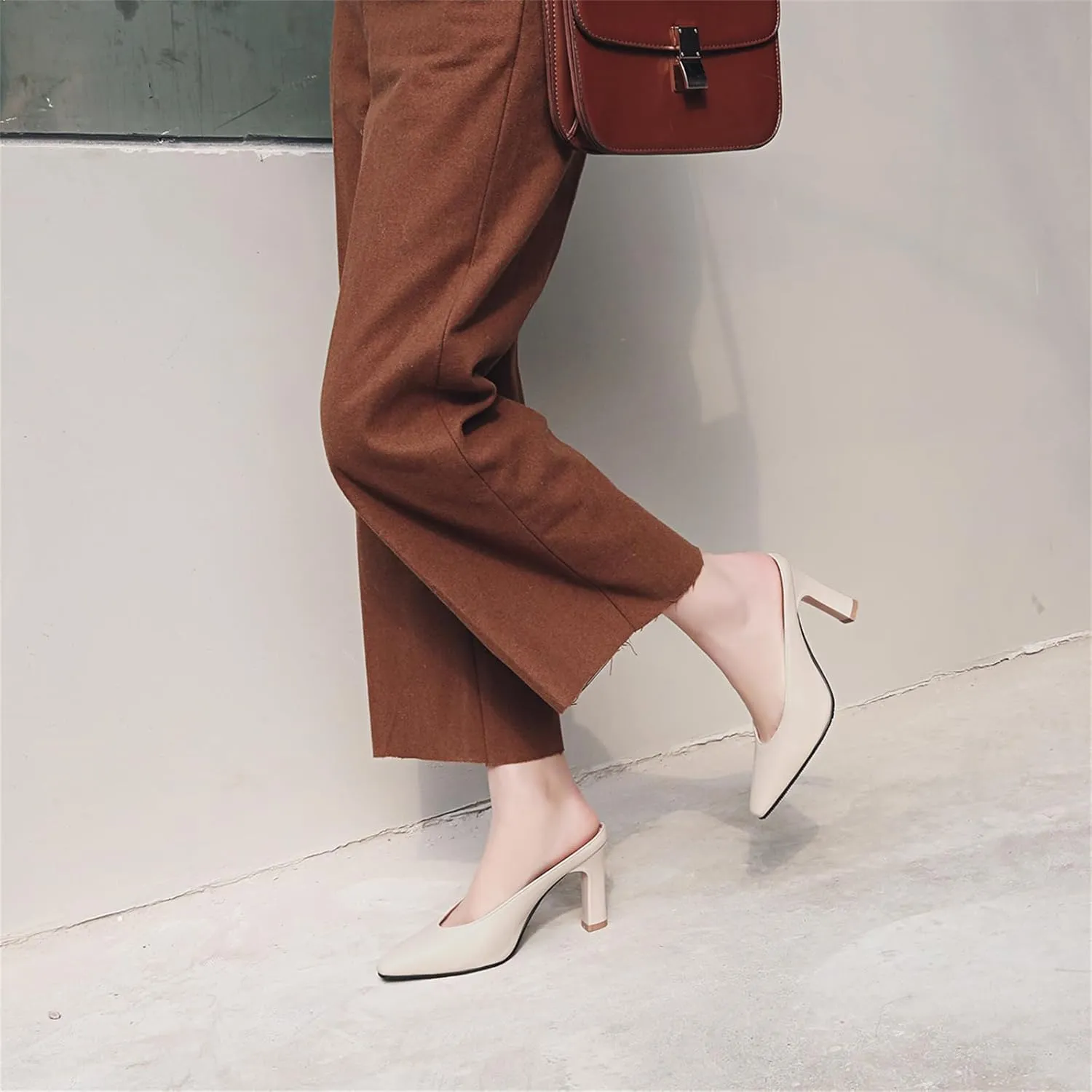 Women's Basic High Chunky Heel Mules for Women Pointed Toe Slip-On Backless Slide Sandals Pumps Work Casual Fashion Business Dress Party Office Comfortable Leather Shoes