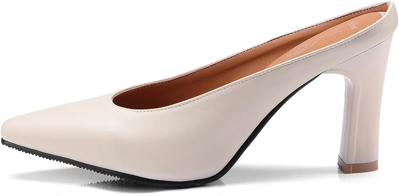 Women's Basic High Chunky Heel Mules for Women Pointed Toe Slip-On Backless Slide Sandals Pumps Work Casual Fashion Business Dress Party Office Comfortable Leather Shoes