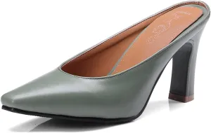Women's Basic High Chunky Heel Mules for Women Pointed Toe Slip-On Backless Slide Sandals Pumps Work Casual Fashion Business Dress Party Office Comfortable Leather Shoes