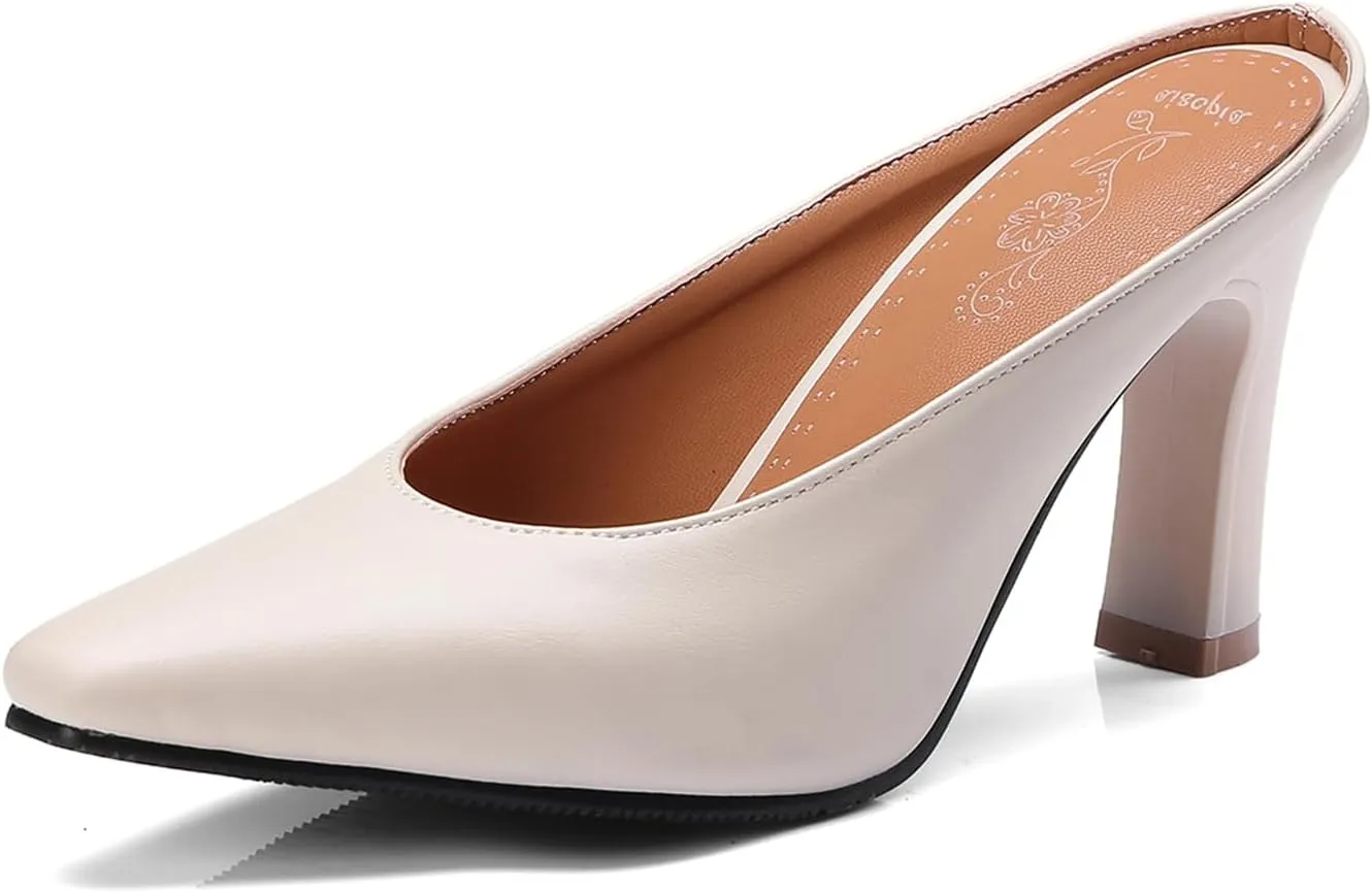 Women's Basic High Chunky Heel Mules for Women Pointed Toe Slip-On Backless Slide Sandals Pumps Work Casual Fashion Business Dress Party Office Comfortable Leather Shoes