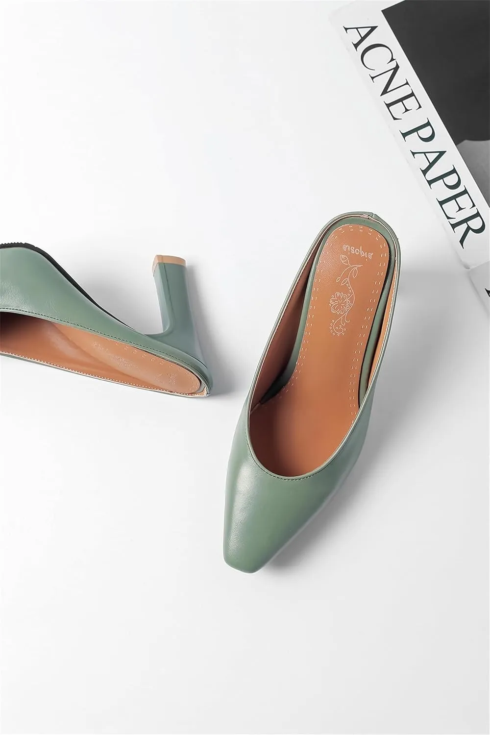 Women's Basic High Chunky Heel Mules for Women Pointed Toe Slip-On Backless Slide Sandals Pumps Work Casual Fashion Business Dress Party Office Comfortable Leather Shoes