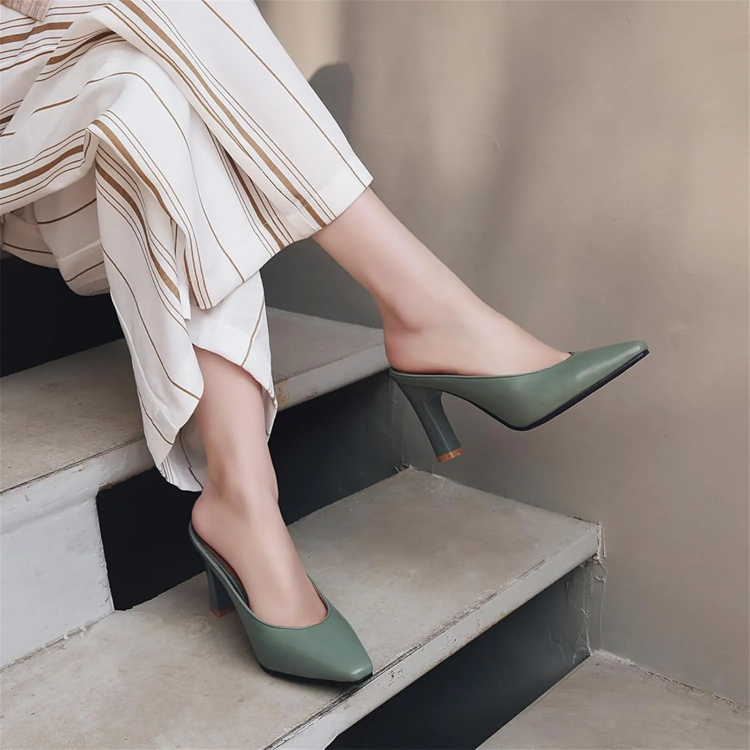 Women's Basic High Chunky Heel Mules for Women Pointed Toe Slip-On Backless Slide Sandals Pumps Work Casual Fashion Business Dress Party Office Comfortable Leather Shoes