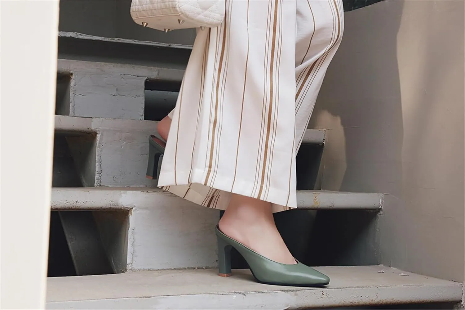 Women's Basic High Chunky Heel Mules for Women Pointed Toe Slip-On Backless Slide Sandals Pumps Work Casual Fashion Business Dress Party Office Comfortable Leather Shoes