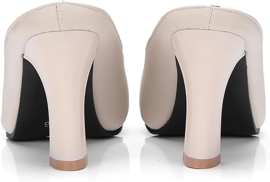 Women's Basic High Chunky Heel Mules for Women Pointed Toe Slip-On Backless Slide Sandals Pumps Work Casual Fashion Business Dress Party Office Comfortable Leather Shoes