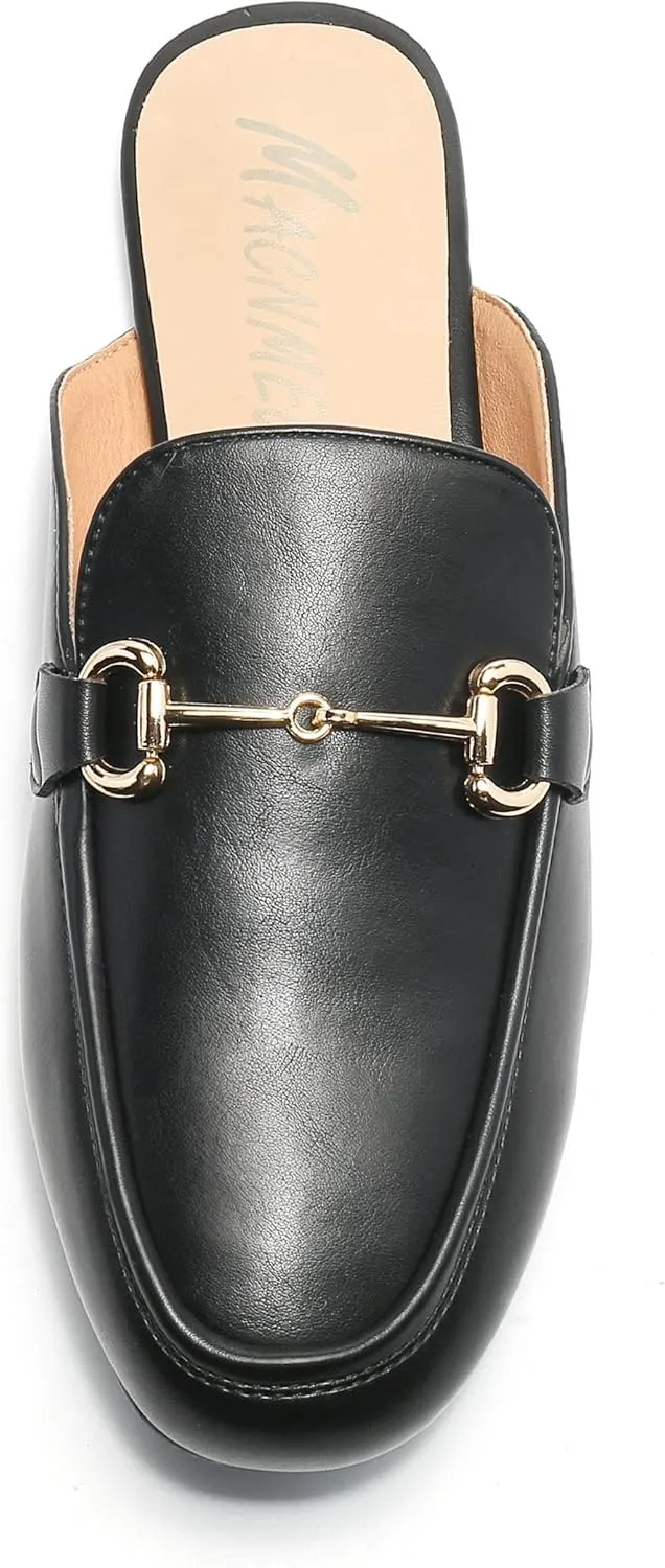 Women's Black Mules: Round Toe, Backless, Slides, Comfortable, Metal Buckle