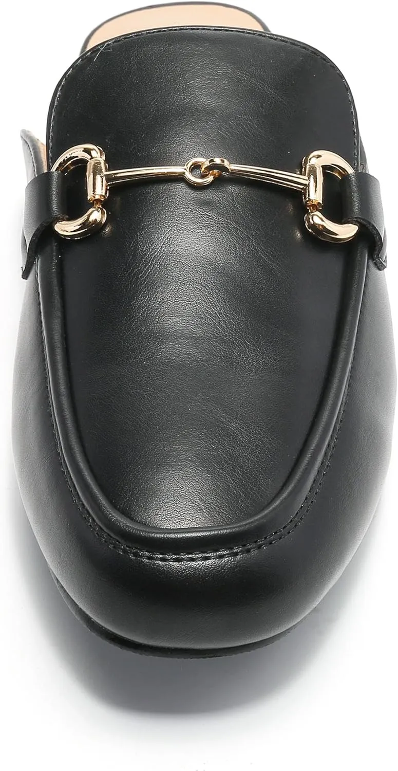 Women's Black Mules: Round Toe, Backless, Slides, Comfortable, Metal Buckle
