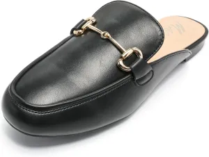 Women's Black Mules: Round Toe, Backless, Slides, Comfortable, Metal Buckle