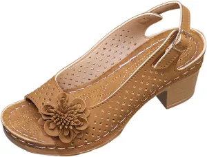 Womens Block Heel Sandals Summer Open Toe Ankle Buckle Strap Chunky Non Slip Dress Shoes Casual Solid Color Hollow Out Floral Decor Sandals Lightweight Platform Wedge Fashion Footwear