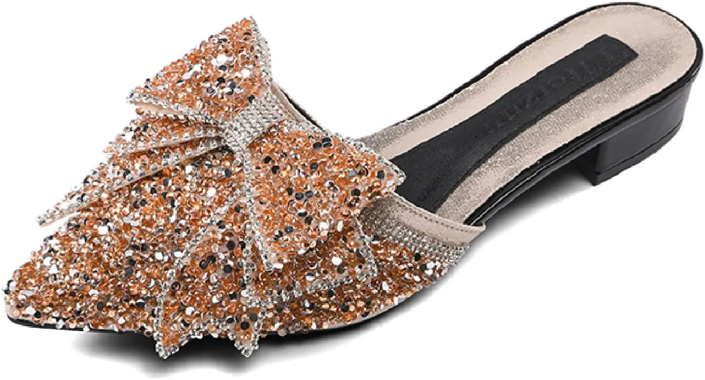 Women's Bow Rhinestone Glitter Low Heels Mules Fashion Closed Pointed Toe Backless Slip on Comfortable Block Heel Pumps Sandals for Party Prom Date Wedding Dressy Slides