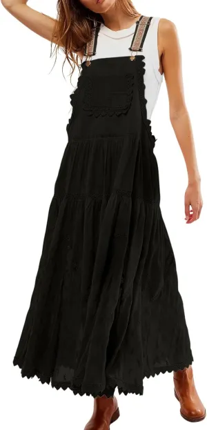 Women's Casual Lace Embroidered Maxi Dress Adjustable Strap Pleated Tiered Swing Long Dress with Pockets