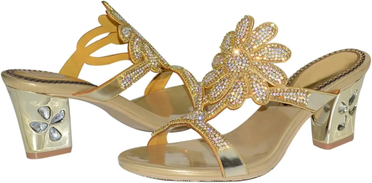 Women's Chunky Heel Glitter Rhinestone Sandals Jeweled Sandals Summer Stylish Sandals Womens Mules Sandals