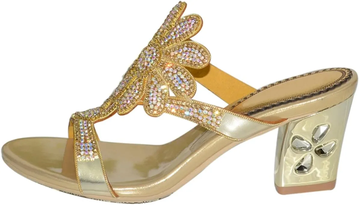 Women's Chunky Heel Glitter Rhinestone Sandals Jeweled Sandals Summer Stylish Sandals Womens Mules Sandals