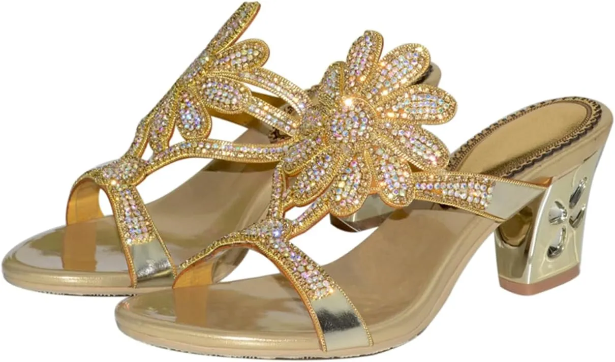 Women's Chunky Heel Glitter Rhinestone Sandals Jeweled Sandals Summer Stylish Sandals Womens Mules Sandals