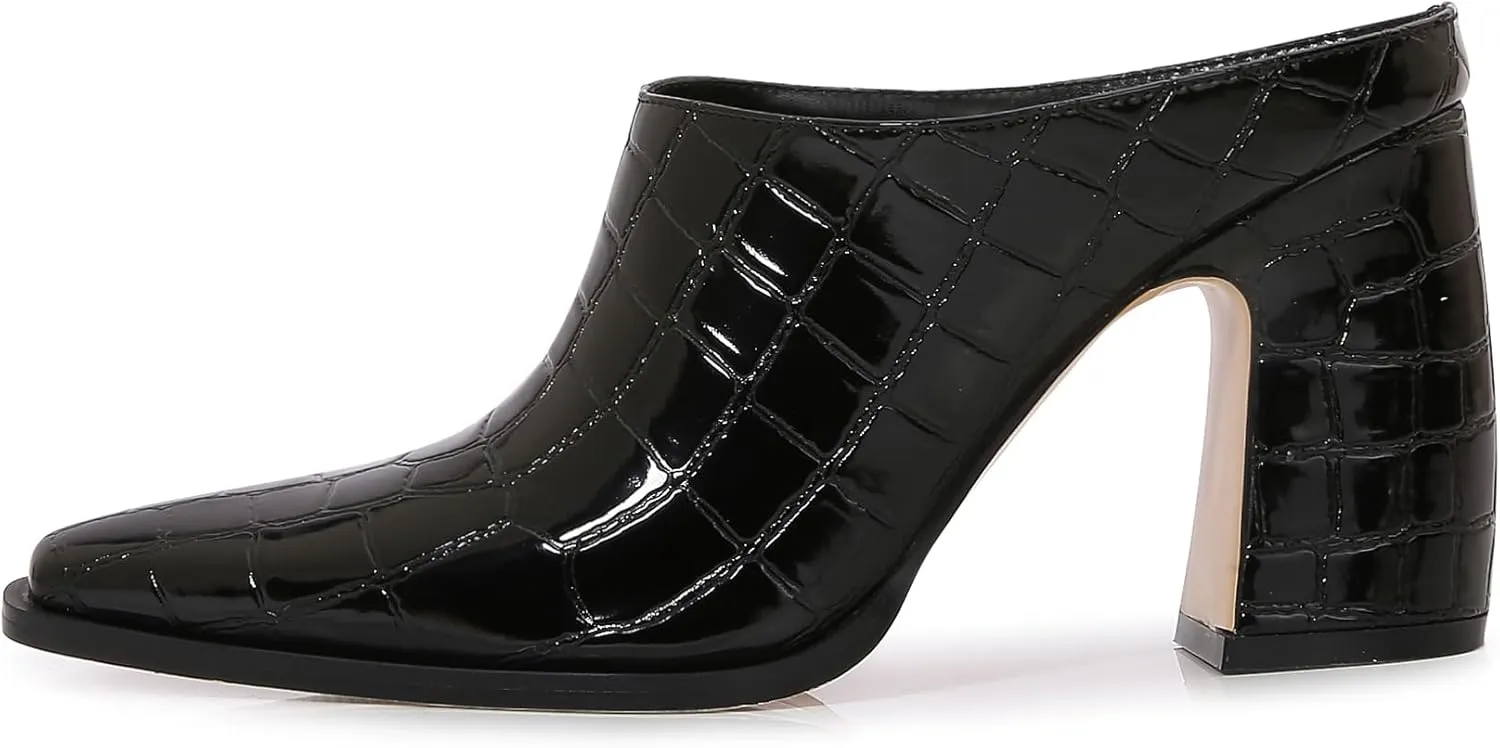Womens Chunky Heeled Mules Closed Pointed Toe Clogs Backless Booties Slip on Mules Heels Pumps
