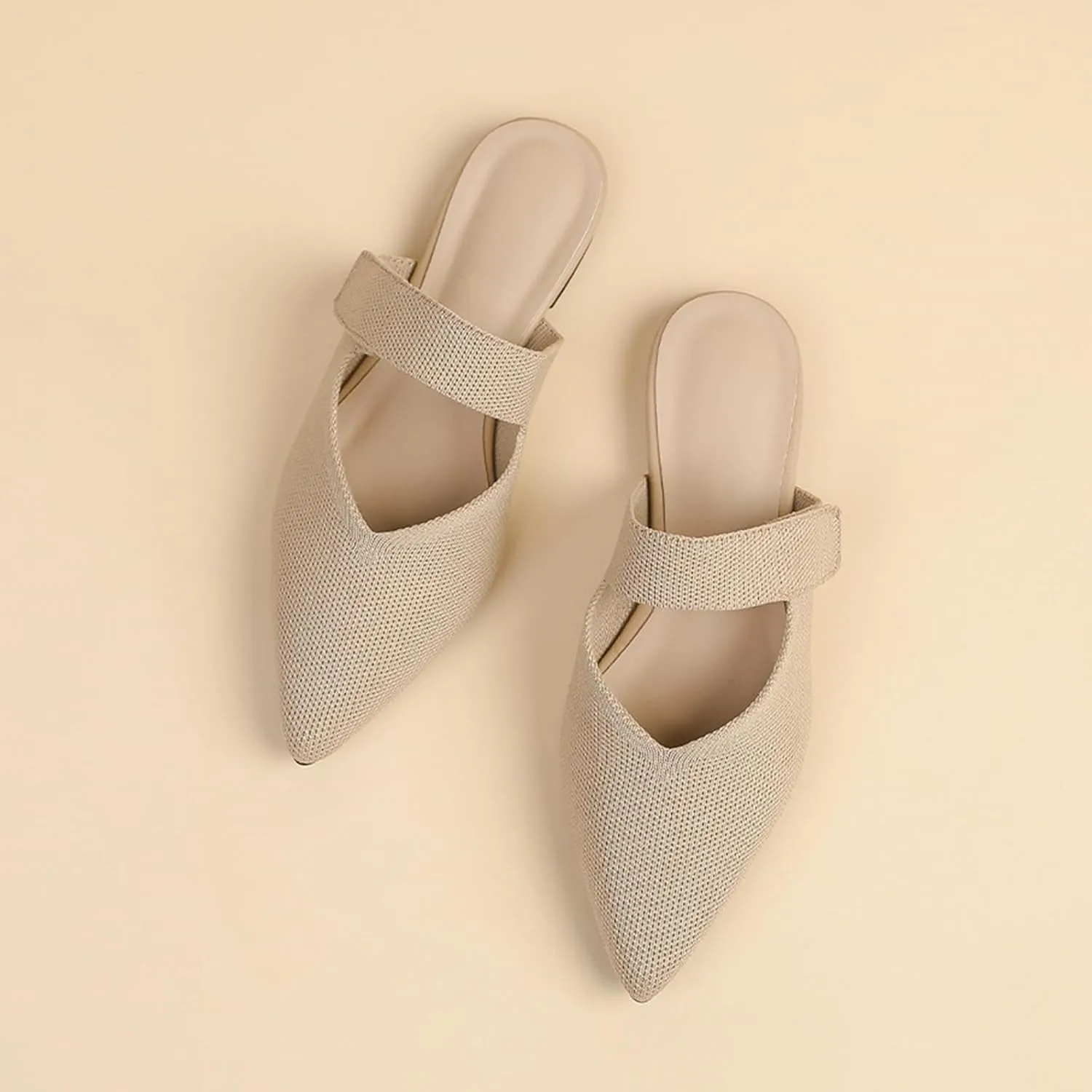 Women's Closed Pointed Toe Knitted Flat Mules Adjustable Hook and Loop Closure Slip On Backless Mule Slides Comfortable Casual Soft Sole Loafers