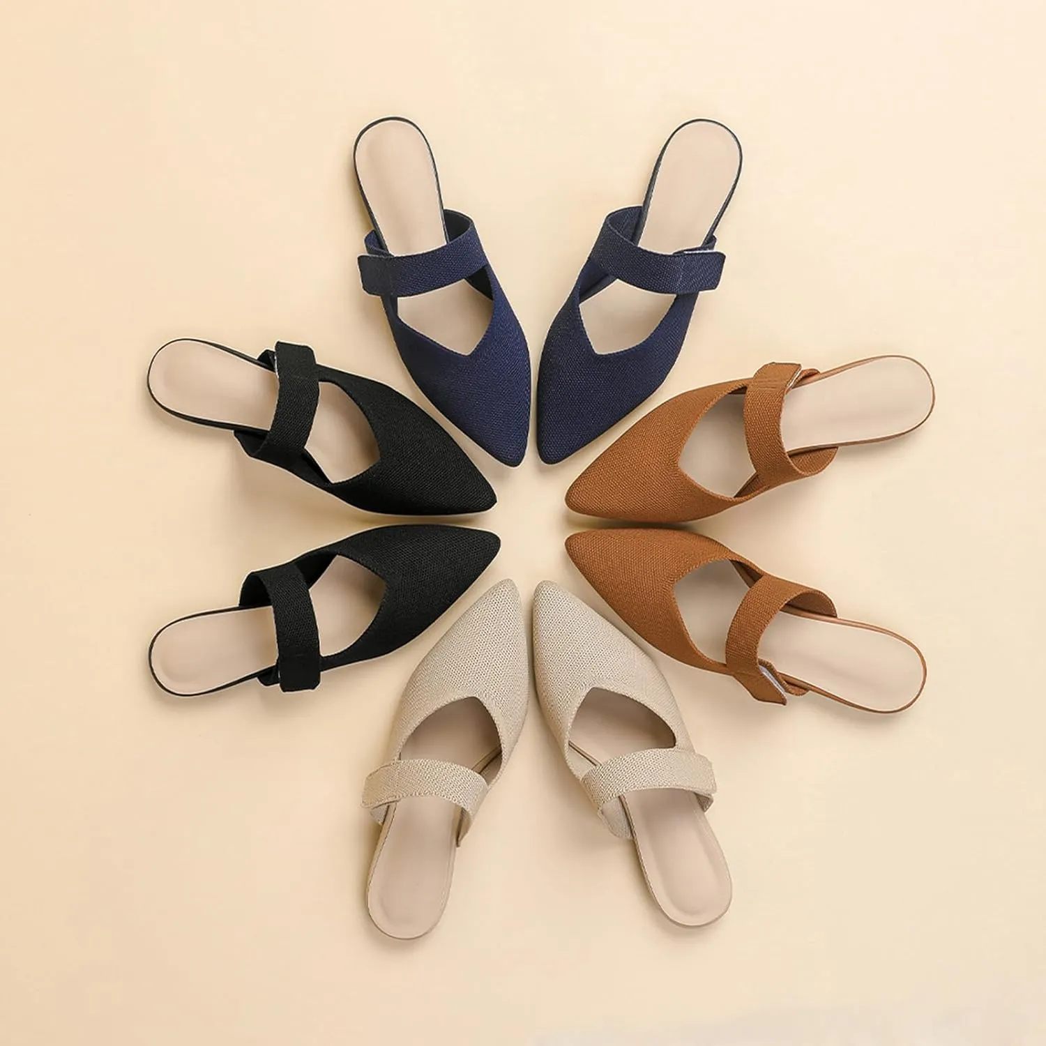 Women's Closed Pointed Toe Knitted Flat Mules Adjustable Hook and Loop Closure Slip On Backless Mule Slides Comfortable Casual Soft Sole Loafers