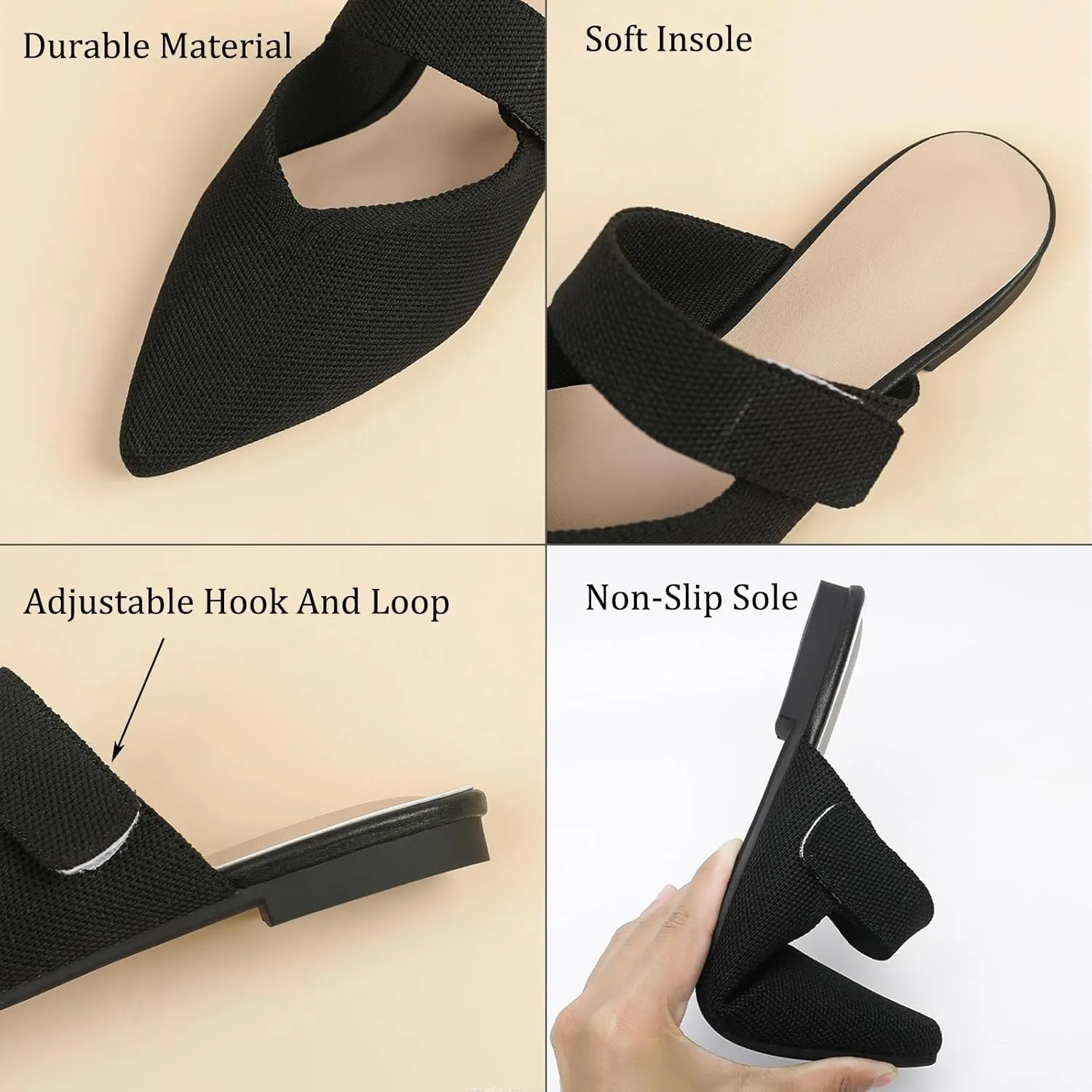 Women's Closed Pointed Toe Knitted Flat Mules Adjustable Hook and Loop Closure Slip On Backless Mule Slides Comfortable Casual Soft Sole Loafers