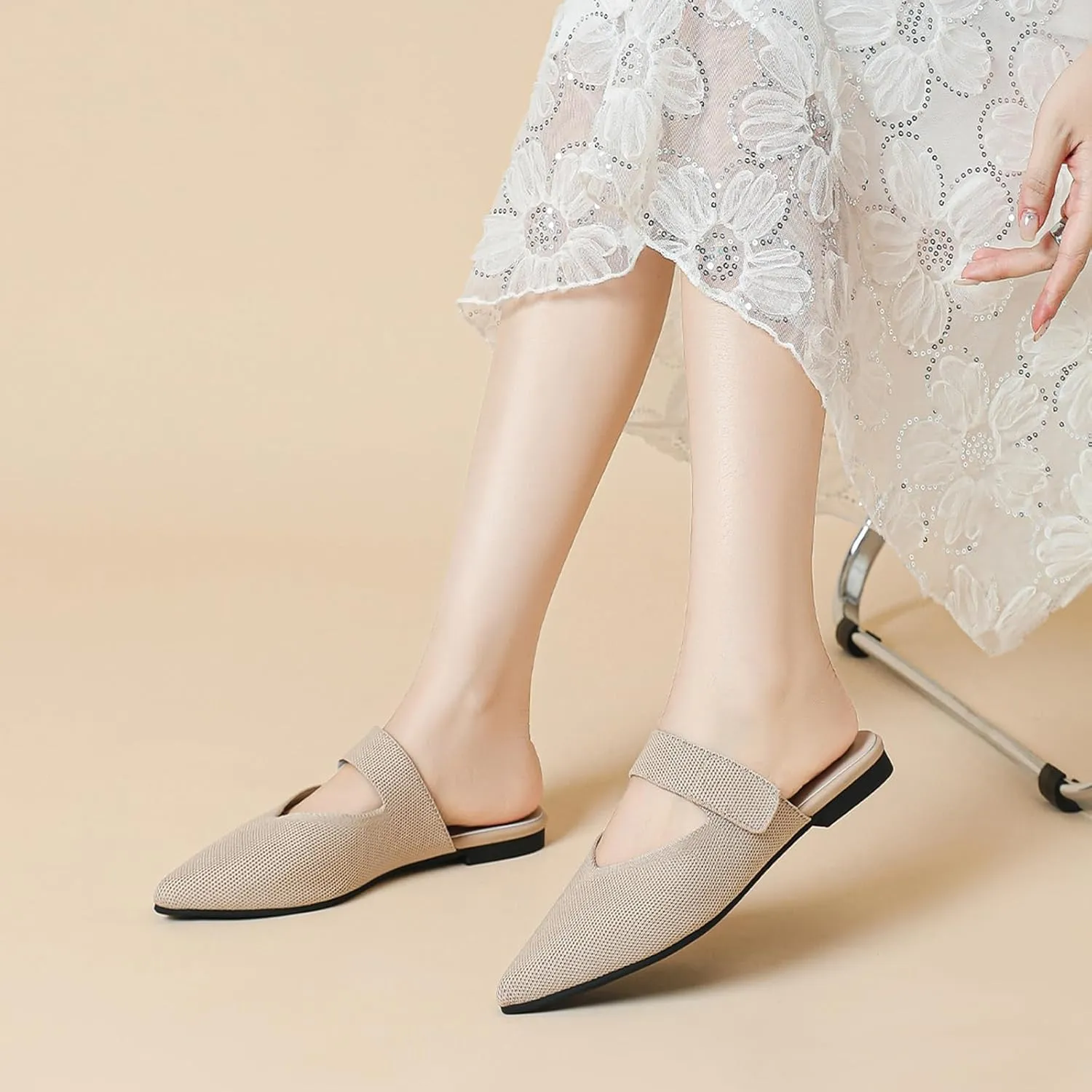 Women's Closed Pointed Toe Knitted Flat Mules Adjustable Hook and Loop Closure Slip On Backless Mule Slides Comfortable Casual Soft Sole Loafers