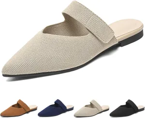 Women's Closed Pointed Toe Knitted Flat Mules Adjustable Hook and Loop Closure Slip On Backless Mule Slides Comfortable Casual Soft Sole Loafers