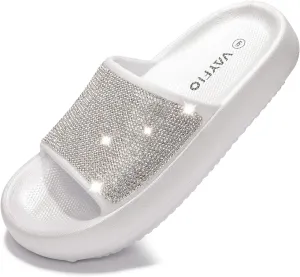 Women's Cloud Rhinestone Slide Sandals Platform Glitter Slides Slip On Shower Shoes Outdoor&Indoor House Slippers
