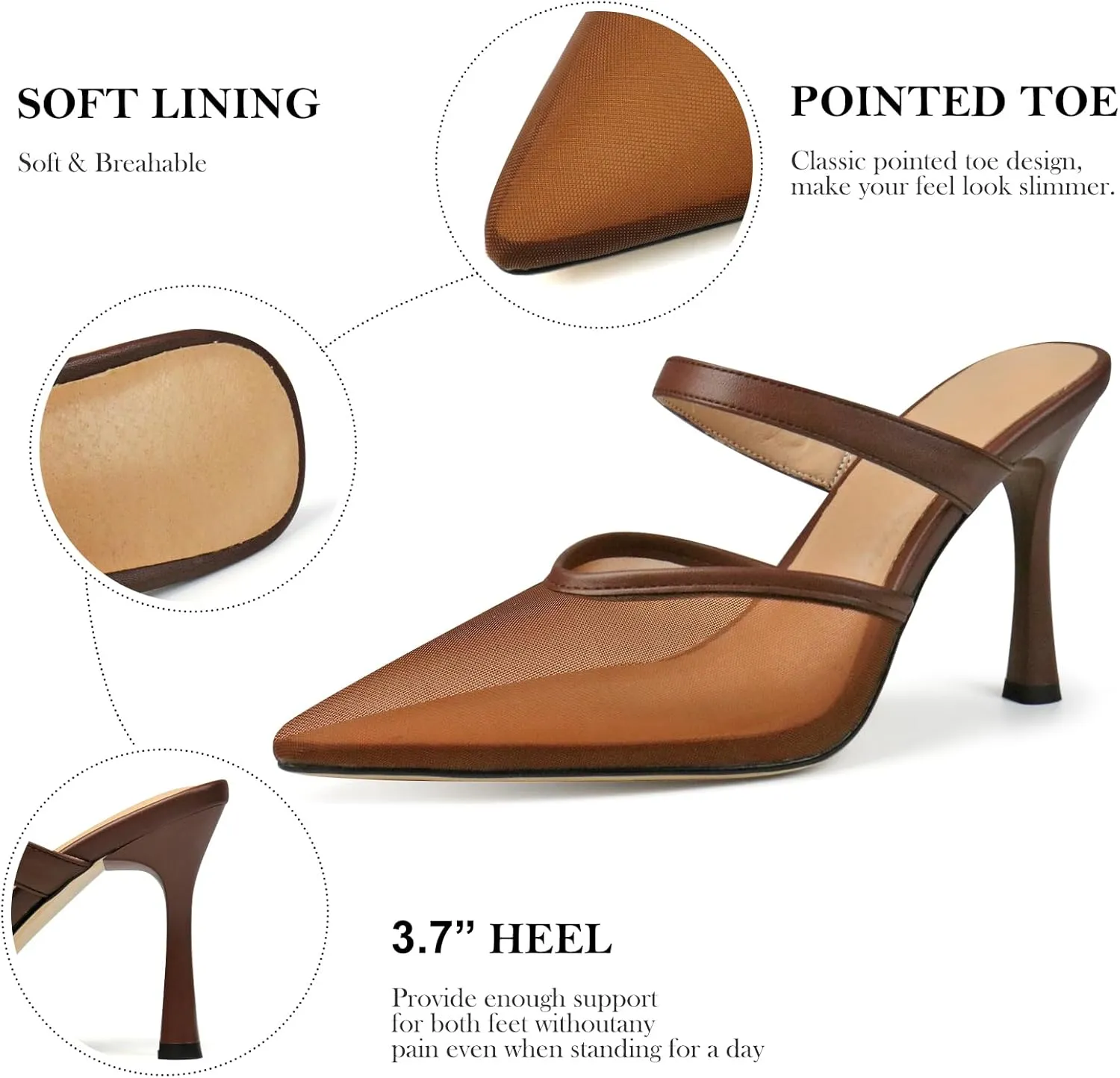 Women's Comfortable Mesh Mule Heels - Pointed Toe, Arch Support & Memory Foam Insole for All-Day Wear