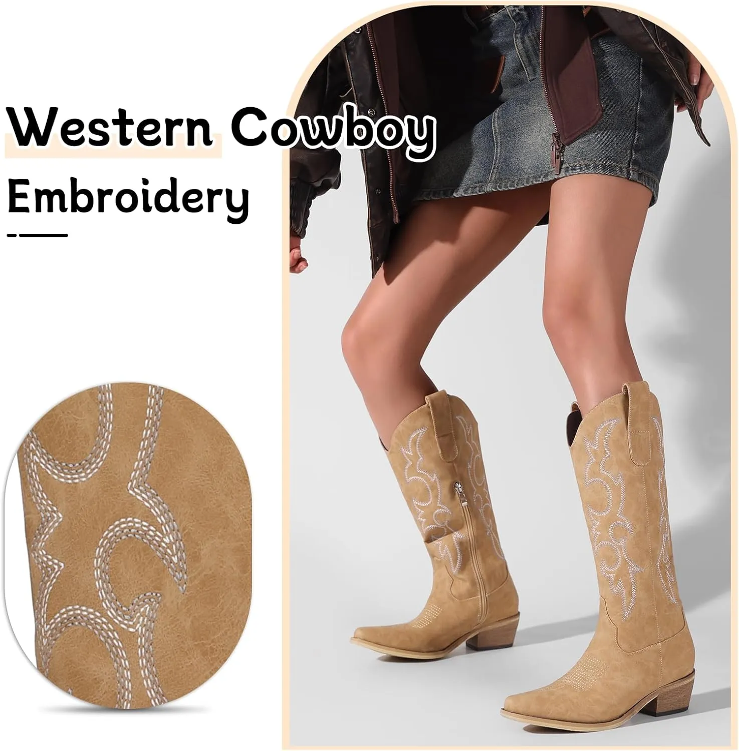 Women's Cowboy Boots Pink Wide Calf Boots Western Cowgirl Boot with Pointy Toe Tall Boots with Chunky Heel Cute Embroidered Long Boots for Concert Outfit