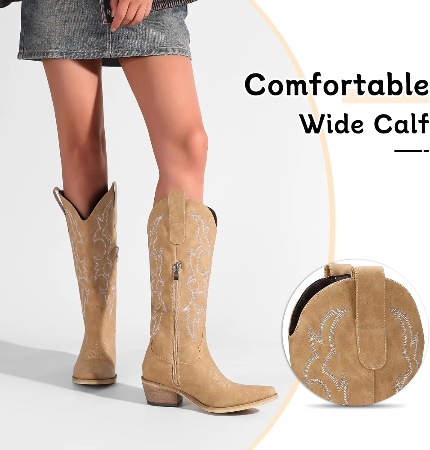 Women's Cowboy Boots Pink Wide Calf Boots Western Cowgirl Boot with Pointy Toe Tall Boots with Chunky Heel Cute Embroidered Long Boots for Concert Outfit