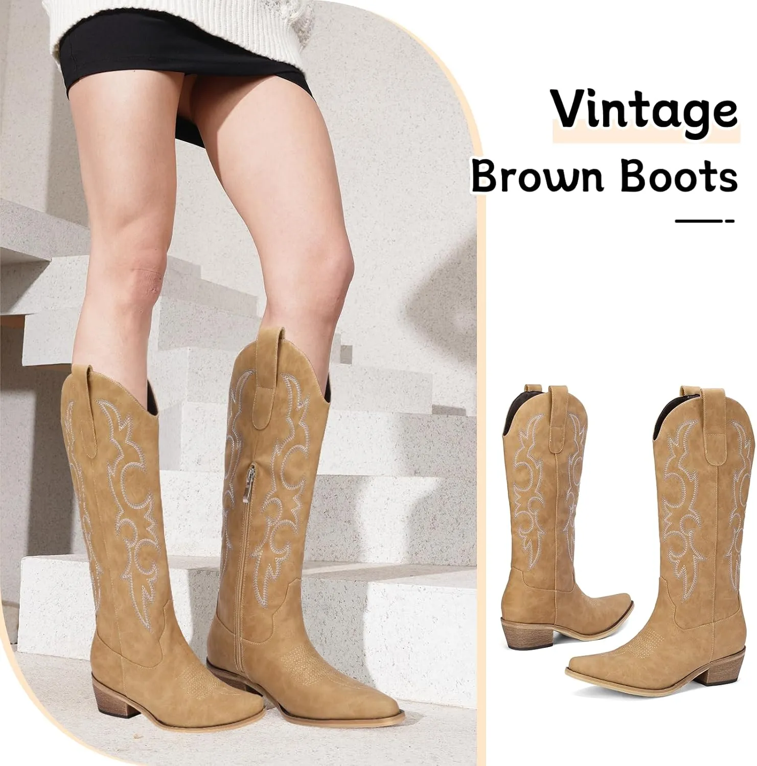 Women's Cowboy Boots Pink Wide Calf Boots Western Cowgirl Boot with Pointy Toe Tall Boots with Chunky Heel Cute Embroidered Long Boots for Concert Outfit