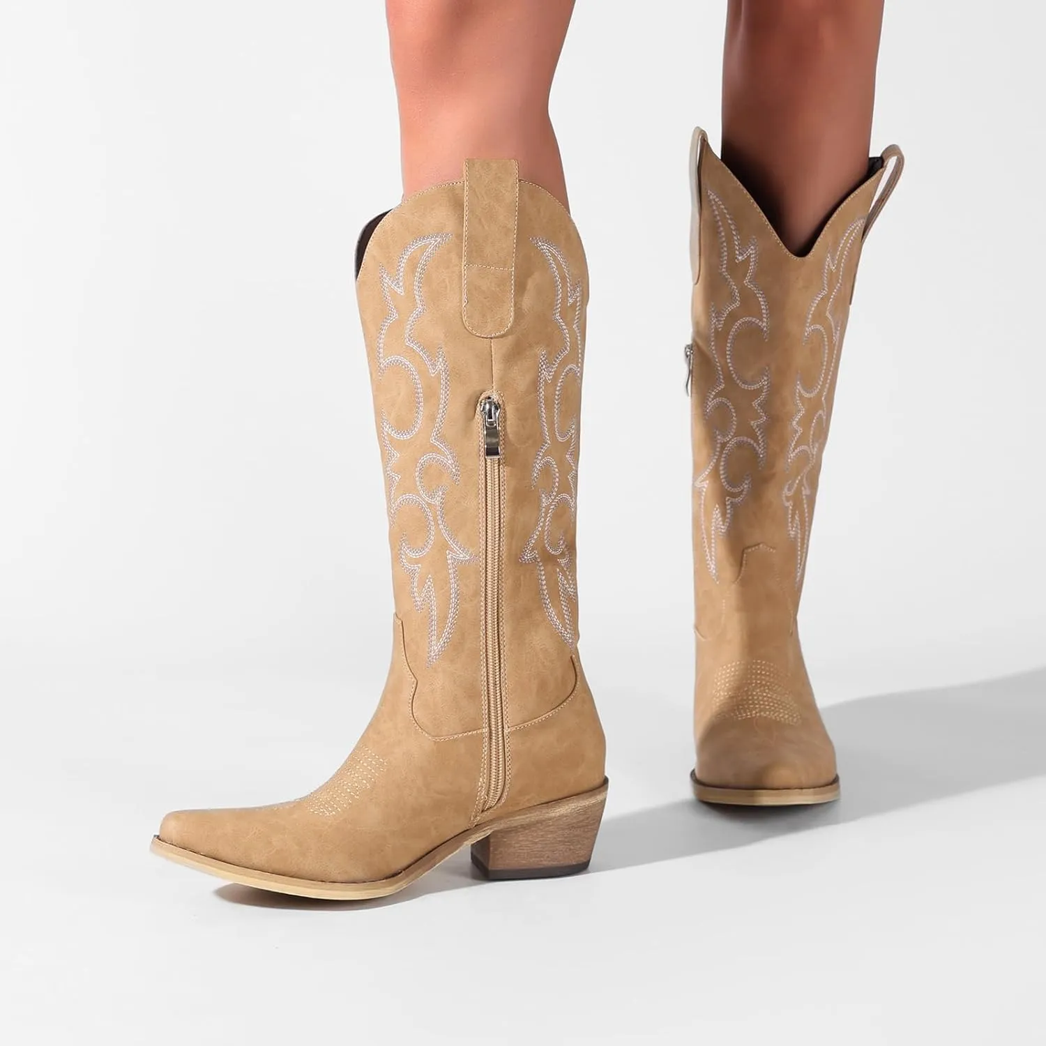 Women's Cowboy Boots Pink Wide Calf Boots Western Cowgirl Boot with Pointy Toe Tall Boots with Chunky Heel Cute Embroidered Long Boots for Concert Outfit