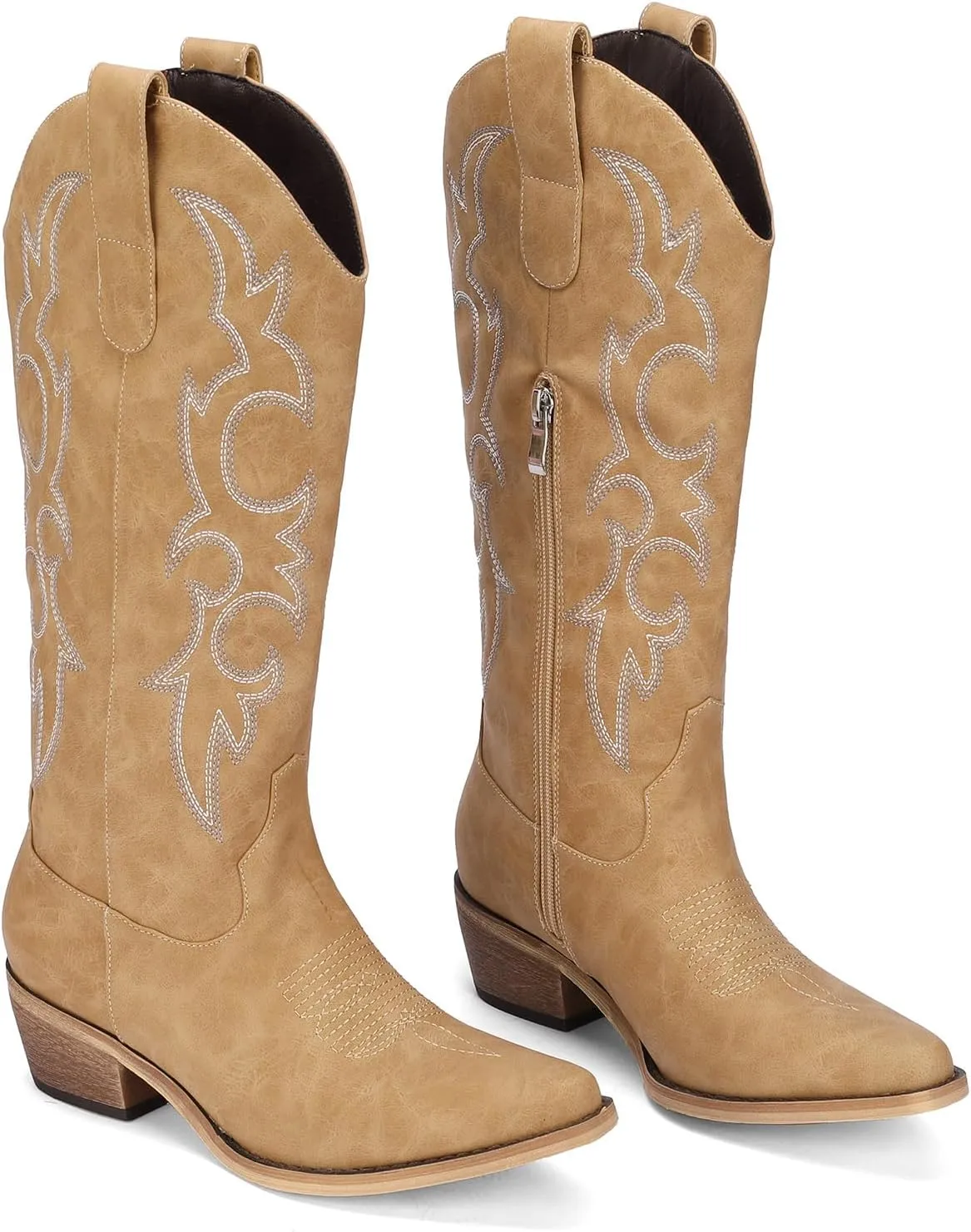 Women's Cowboy Boots Pink Wide Calf Boots Western Cowgirl Boot with Pointy Toe Tall Boots with Chunky Heel Cute Embroidered Long Boots for Concert Outfit