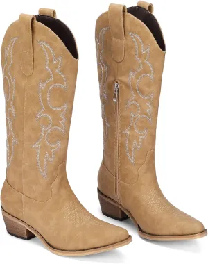 Women's Cowboy Boots Pink Wide Calf Boots Western Cowgirl Boot with Pointy Toe Tall Boots with Chunky Heel Cute Embroidered Long Boots for Concert Outfit