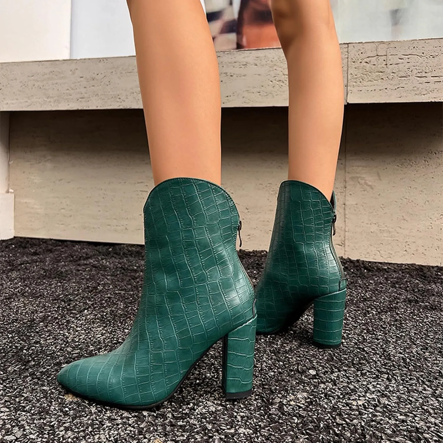 Women's Croc-Embossed Short Boots,Ankle Boots with Chunky Heel and Rear Zipper,Pointed Toe Mid-Calf Boots for Casual Occasions