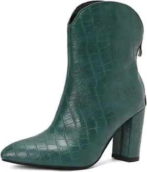 Women's Croc-Embossed Short Boots,Ankle Boots with Chunky Heel and Rear Zipper,Pointed Toe Mid-Calf Boots for Casual Occasions