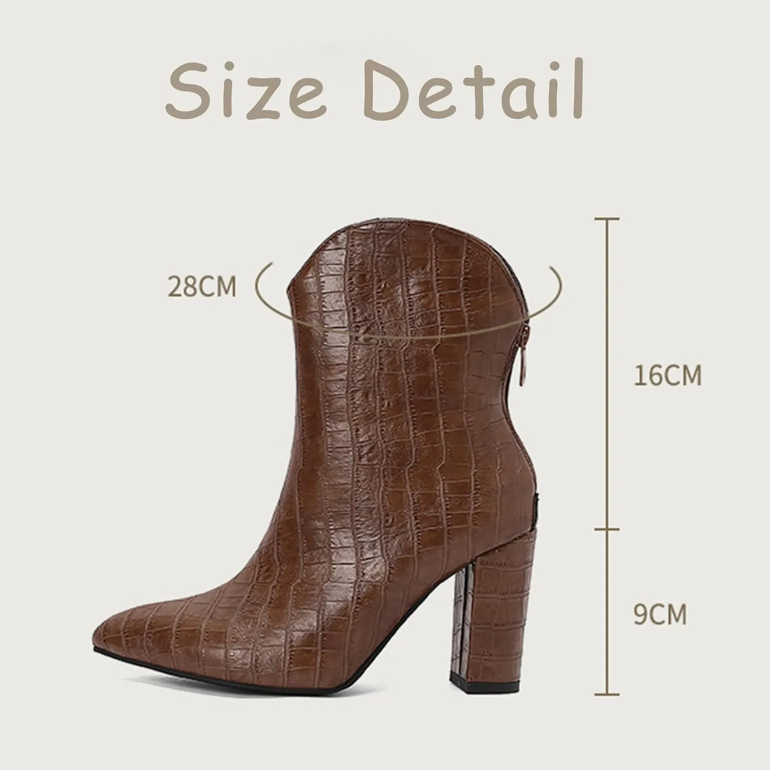 Women's Croc-Embossed Short Boots,Ankle Boots with Chunky Heel and Rear Zipper,Pointed Toe Mid-Calf Boots for Casual Occasions
