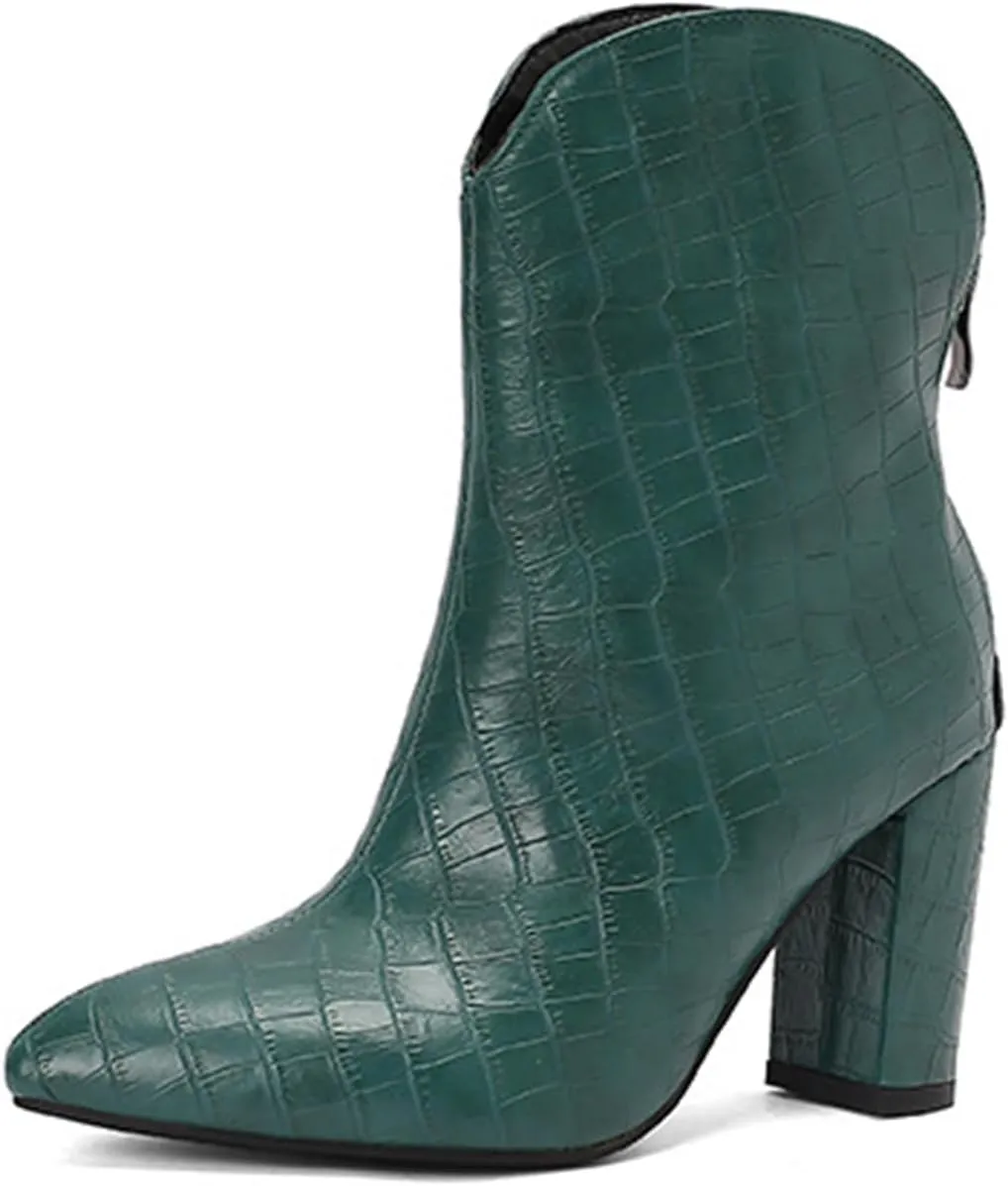 Women's Croc-Embossed Short Boots,Ankle Boots with Chunky Heel and Rear Zipper,Pointed Toe Mid-Calf Boots for Casual Occasions