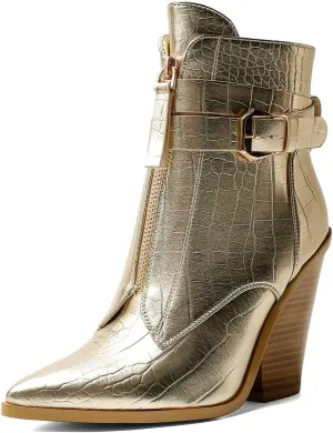 Women’s Crocodile Pattern Boots,Ankle Boots with Buckle Strap and Chunky Heel,Short Boots with Zip-Up for Party and Outings