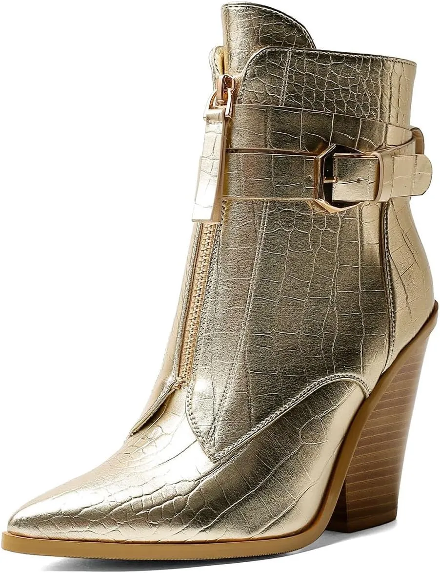 Women’s Crocodile Pattern Boots,Ankle Boots with Buckle Strap and Chunky Heel,Short Boots with Zip-Up for Party and Outings