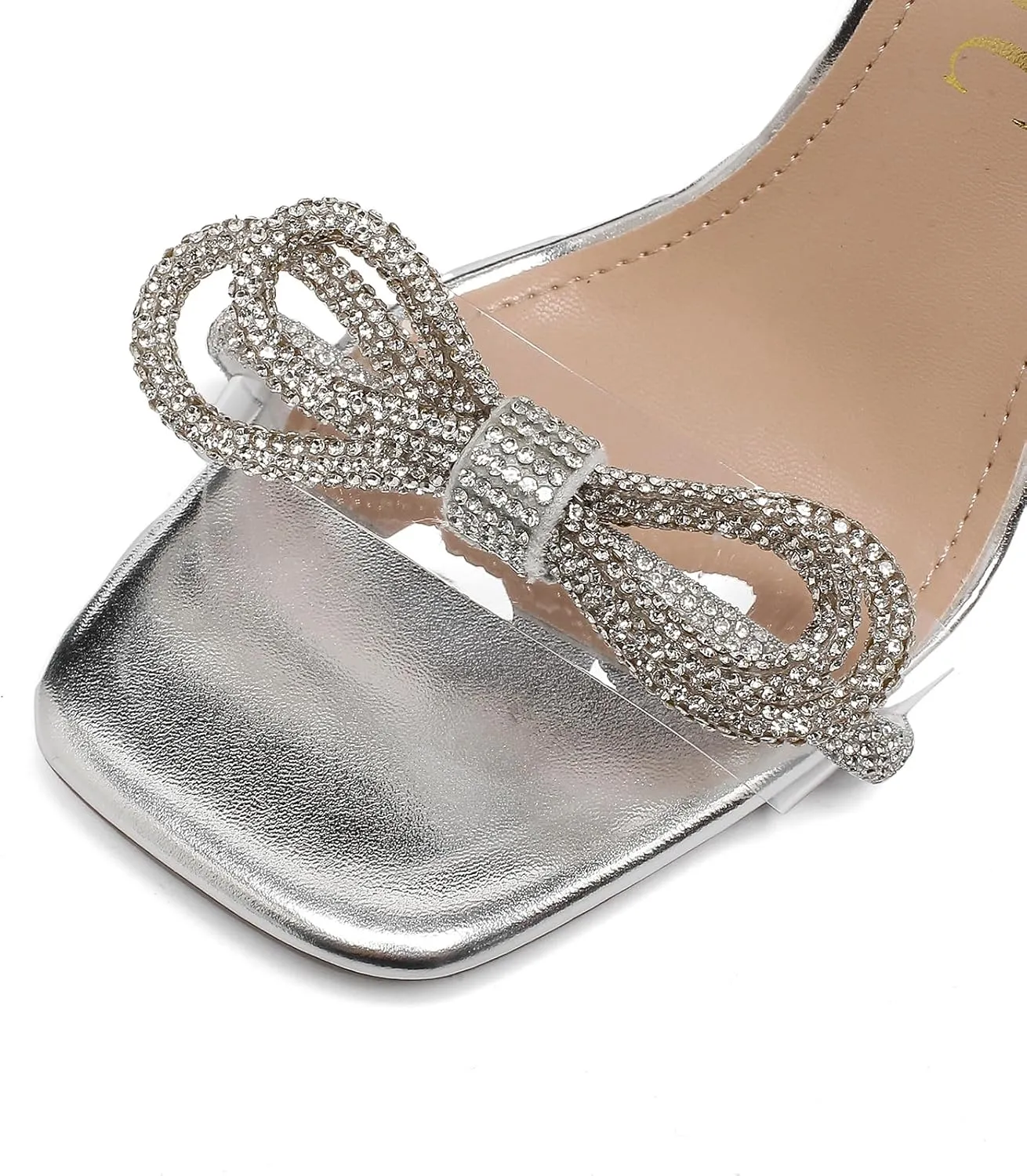 Women's Double Bowknots Heels Crystal Sandals, Open Square Silver High Heeled Toe Clear Heels Wedding Shoes Ankle Strap Crystal Rhinestonefor
