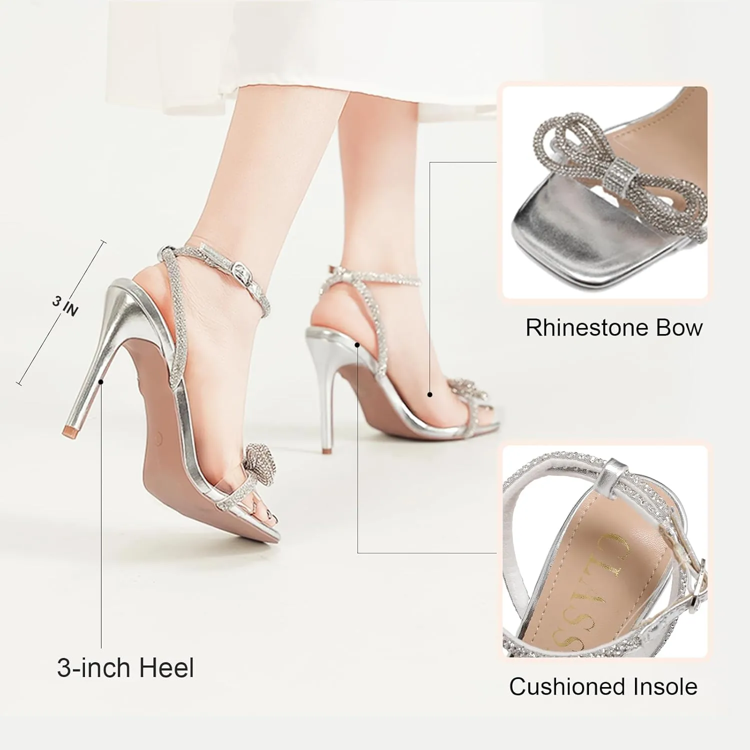 Women's Double Bowknots Heels Crystal Sandals, Open Square Silver High Heeled Toe Clear Heels Wedding Shoes Ankle Strap Crystal Rhinestonefor
