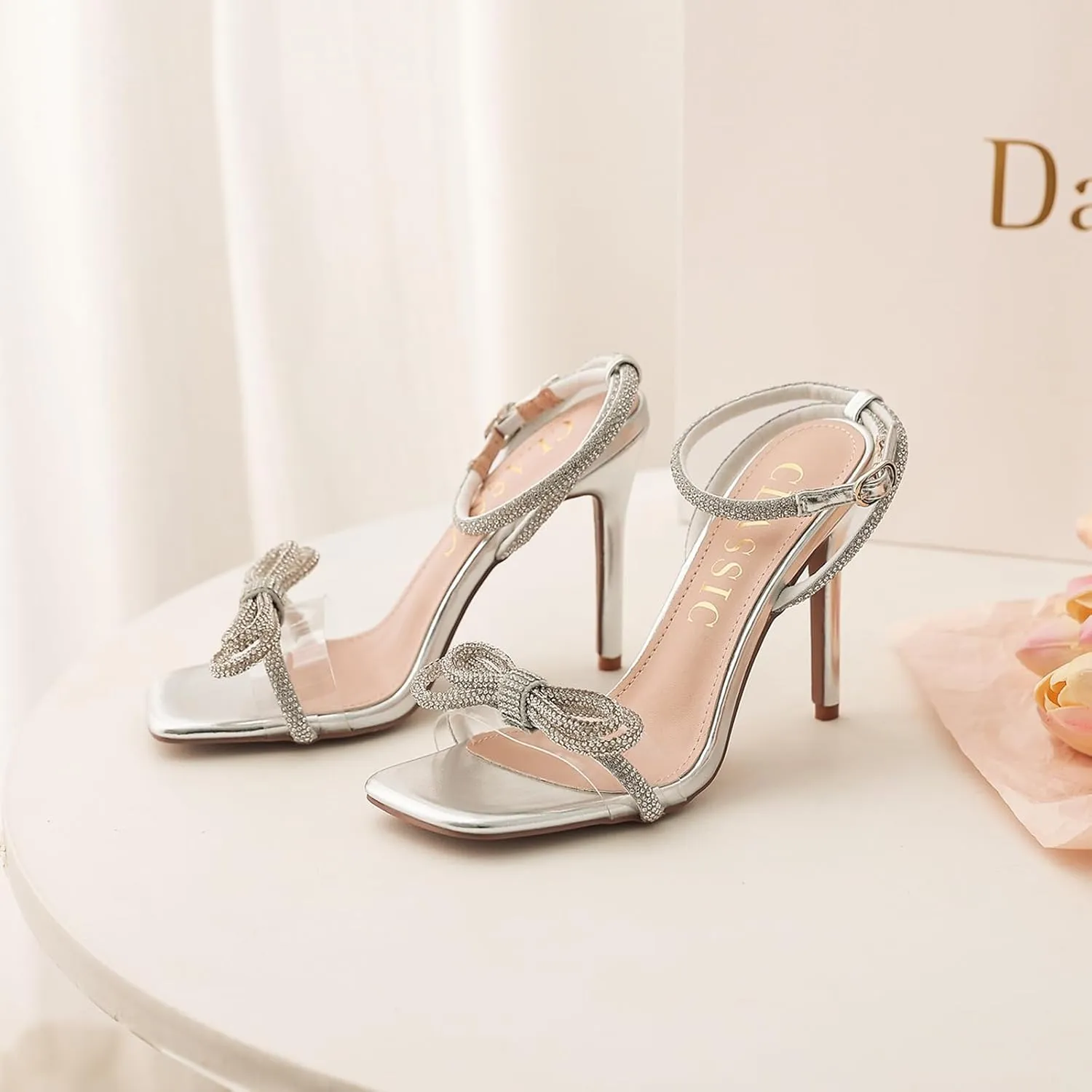Women's Double Bowknots Heels Crystal Sandals, Open Square Silver High Heeled Toe Clear Heels Wedding Shoes Ankle Strap Crystal Rhinestonefor