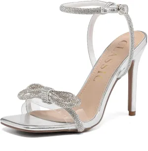 Women's Double Bowknots Heels Crystal Sandals, Open Square Silver High Heeled Toe Clear Heels Wedding Shoes Ankle Strap Crystal Rhinestonefor