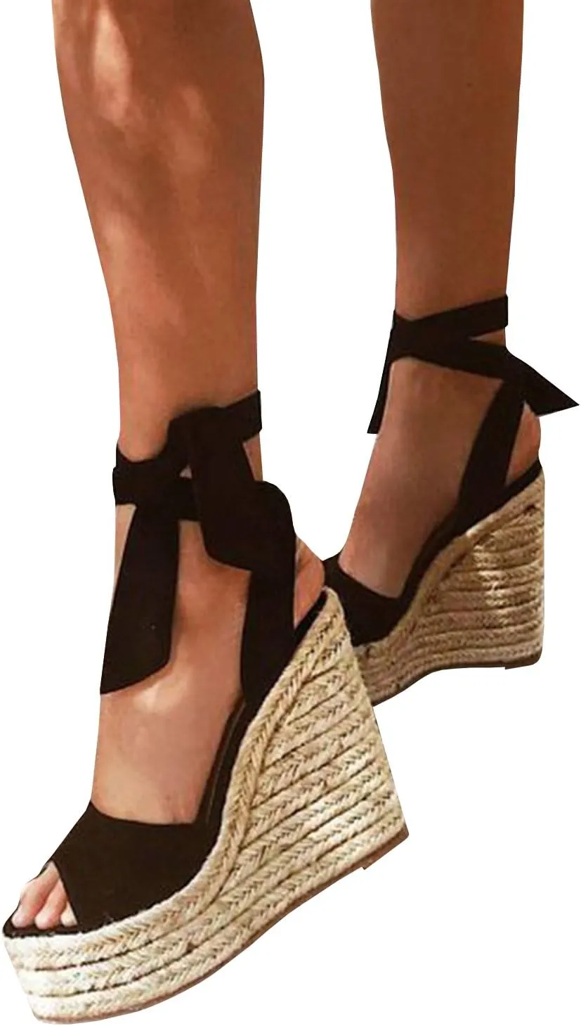 Womens Espadrilles Wedges Sandals Heels Open Toe Tie Lace Up Platform Ankle Strap Summer Dress Shoes