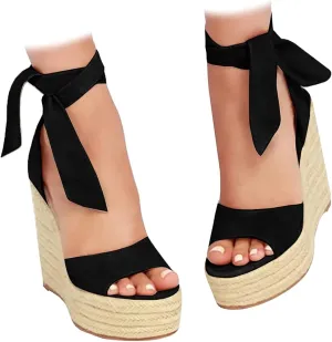Womens Espadrilles Wedges Sandals Heels Open Toe Tie Lace Up Platform Ankle Strap Summer Dress Shoes