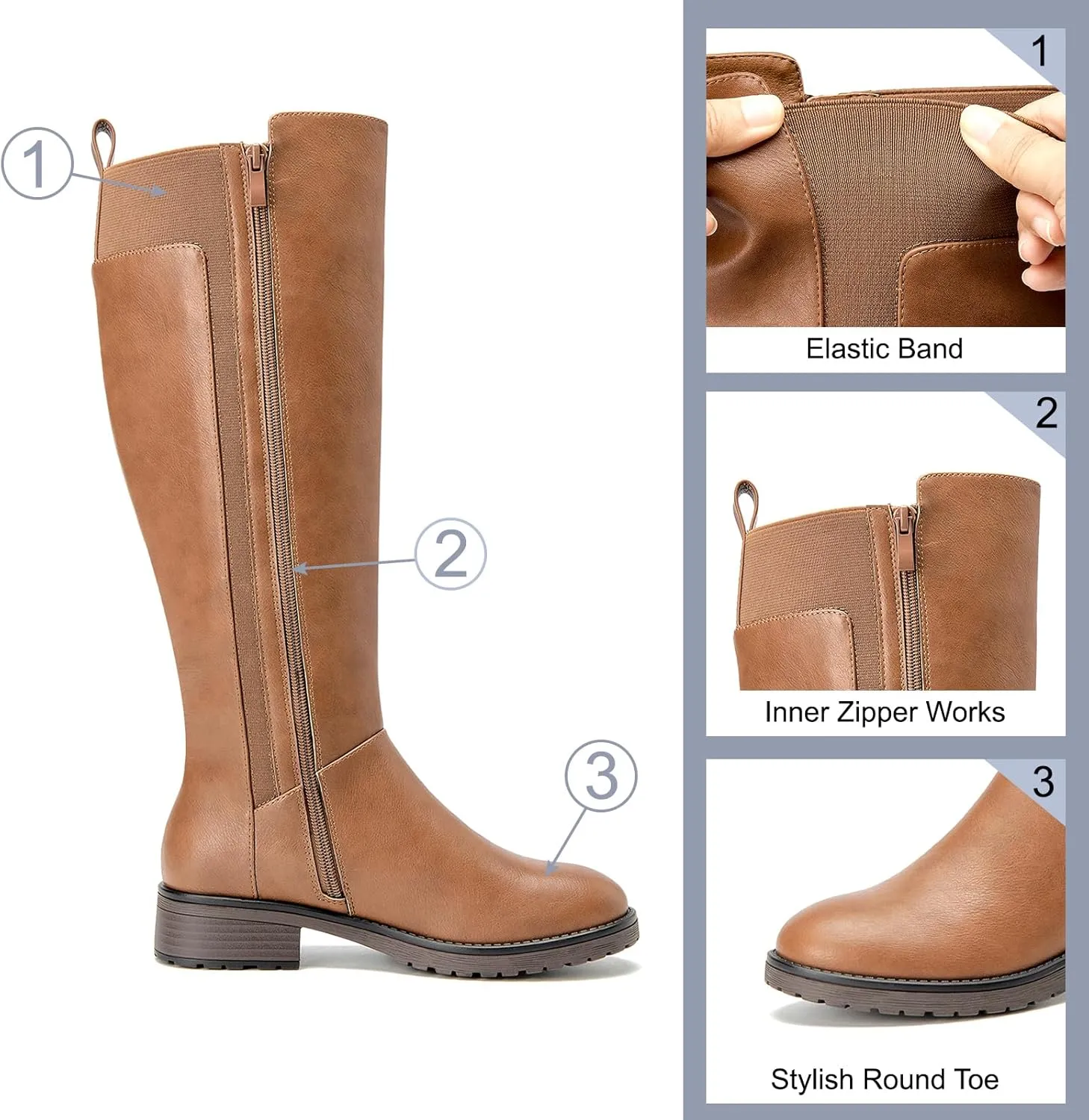 Women's Flat Low Heel Knee High Boot Fashion Extra Wide Calf Boots Side Zip Stretch Winter Booties