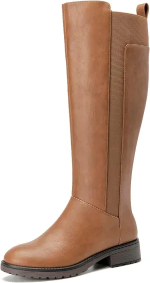 Women's Flat Low Heel Knee High Boot Fashion Extra Wide Calf Boots Side Zip Stretch Winter Booties