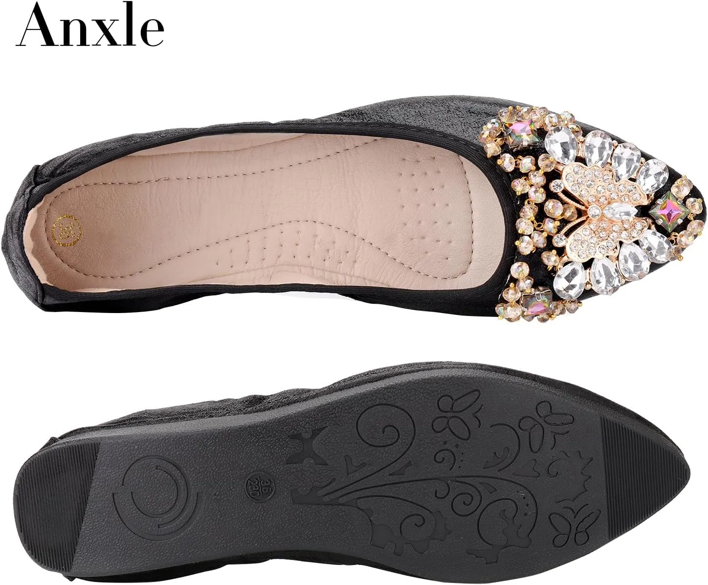 Womens Foldable Ballet Flats Bling Rhinestone Pointed Toe Comfort Slip On Walk Work Loafers Bridal Dress Shoes