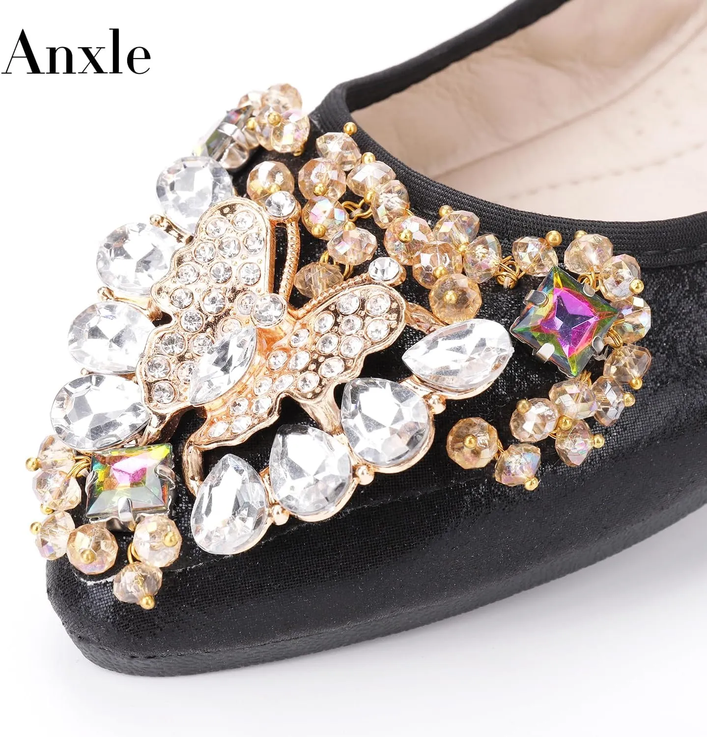 Womens Foldable Ballet Flats Bling Rhinestone Pointed Toe Comfort Slip On Walk Work Loafers Bridal Dress Shoes