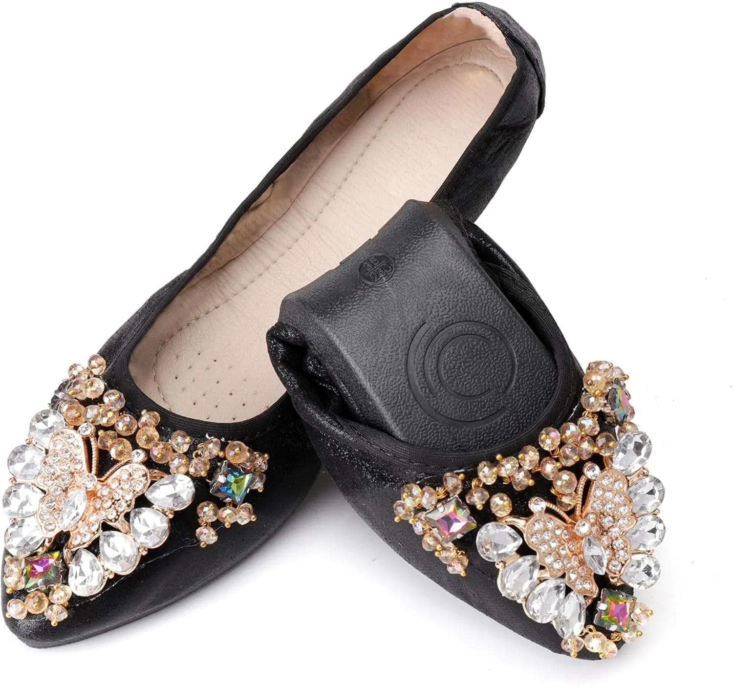 Womens Foldable Ballet Flats Bling Rhinestone Pointed Toe Comfort Slip On Walk Work Loafers Bridal Dress Shoes