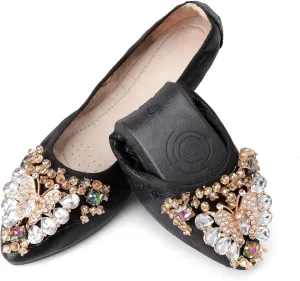 Womens Foldable Ballet Flats Bling Rhinestone Pointed Toe Comfort Slip On Walk Work Loafers Bridal Dress Shoes