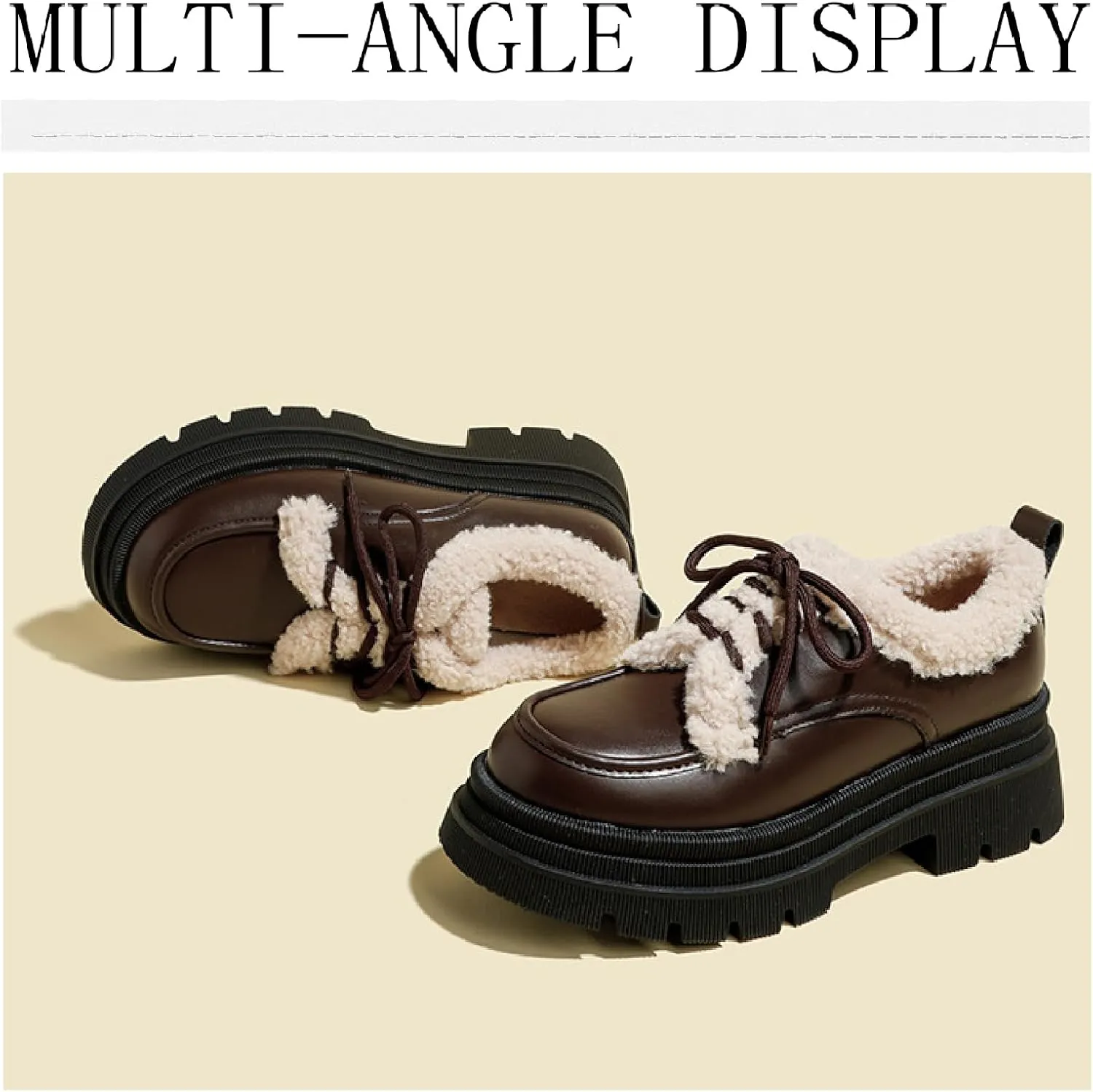 Women's Fur Lined Platform Chunky Heel Loafers Fashion Comfortable Round Toe Lace Up Anti-Slip Lug Sole Leather Shoes for Winter Outdoor Walking Work Office
